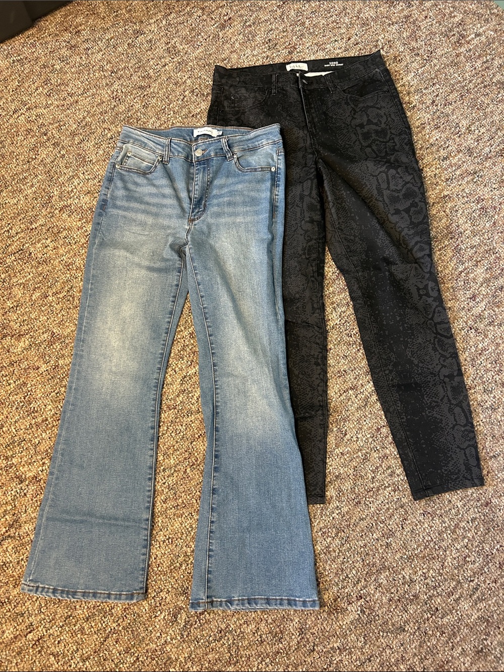 Tahari light blue flared bottom jeans and Nicole Miller snake print narrow leg